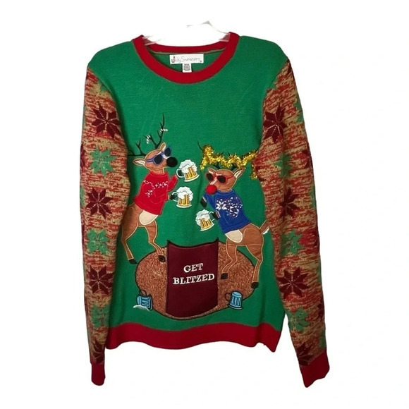 Ugly Christmas Sweater Get Blitzed Drink Pocket Pouch Reindeer Beer Size‎ Medium - Picture 1 of 7